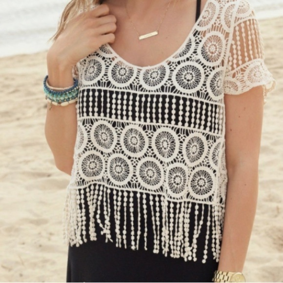 Cream Dulcie Crochet Geometric Pattern Sheer Layering crop Top M - Picture 1 of 5